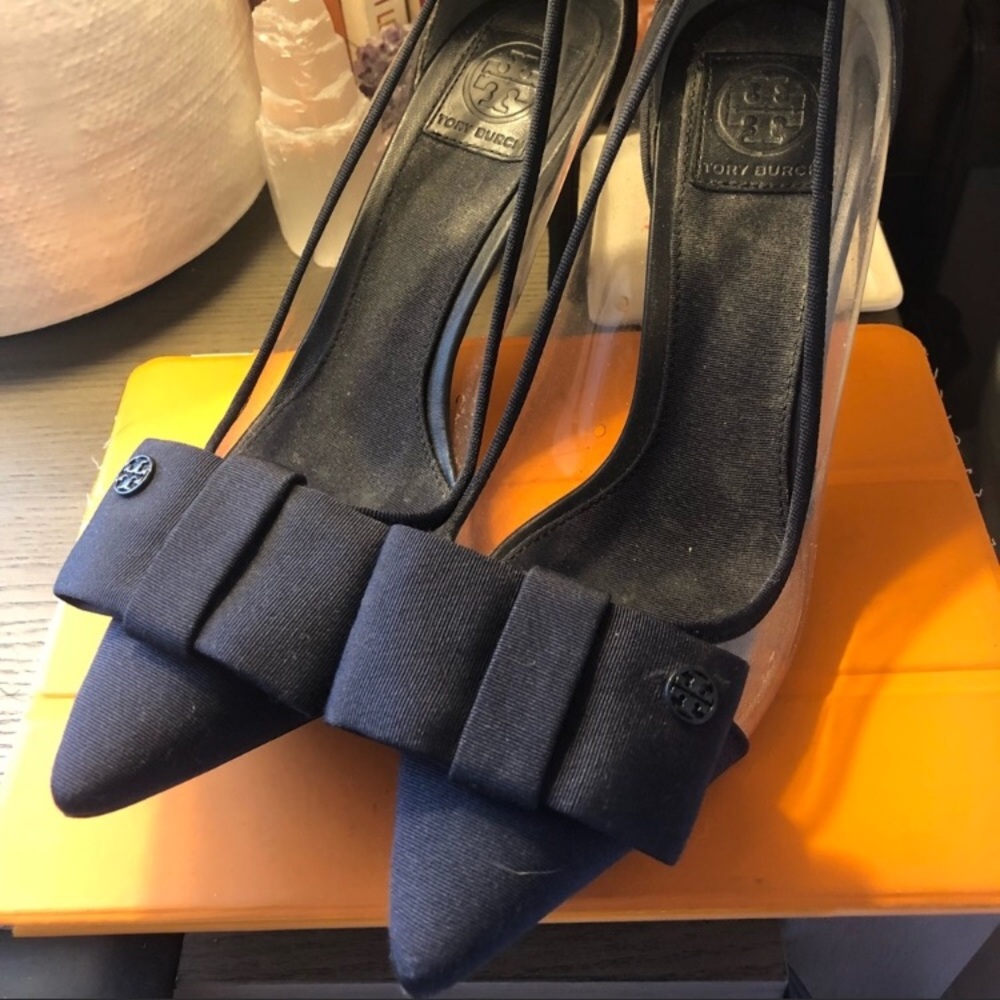 Tory Burch Navy Pointed Toe Bow Slingback Heels